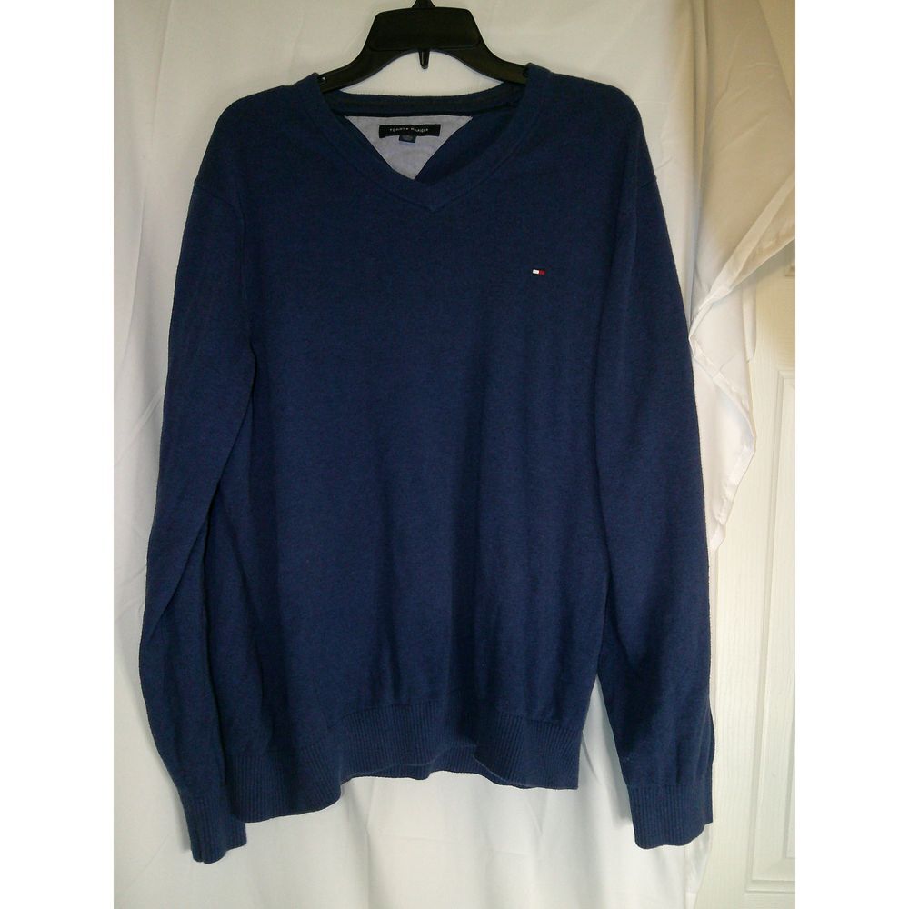 Vintage Tommy Hilfiger Classic Navy VNeck Sweater Cotton Knit Pullover Casual XL